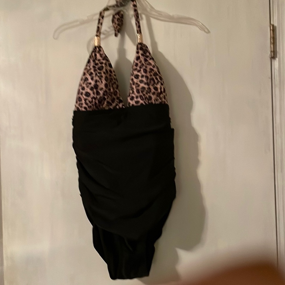 Leopard and black Large  1 piece SWIMSUIT. Tie neck. Gathered sides.